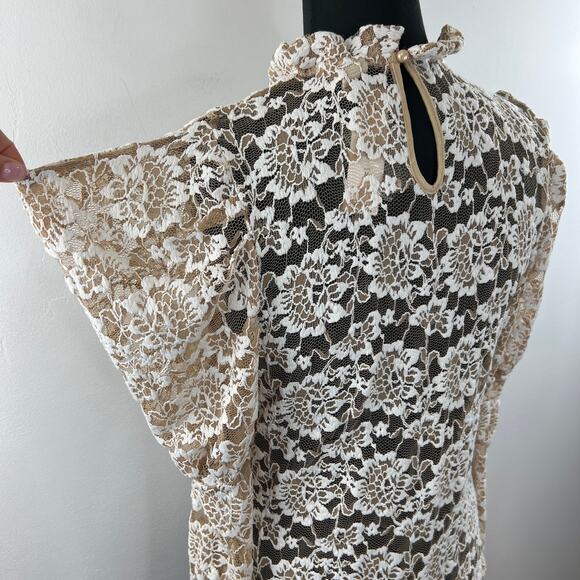 ANTHROPOLOGIE DOLAN Sheer Ivory Lace Puff Sleeve Mock Neck Blouse Top Size M NEW - Picture 9 of 13